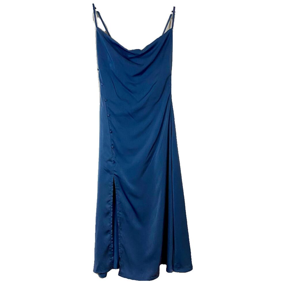 Cider Women's Solid Cowl Neck Slit Maxi Slip Dress Dress Blue Size Small NWT